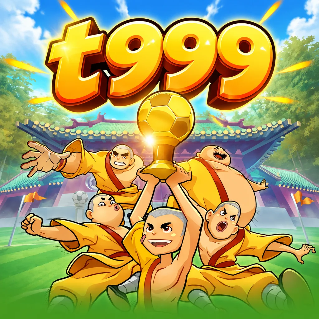 Logo t999 bersama para biksu muda yang mengangkat trofi emas di game Shaolin Soccer