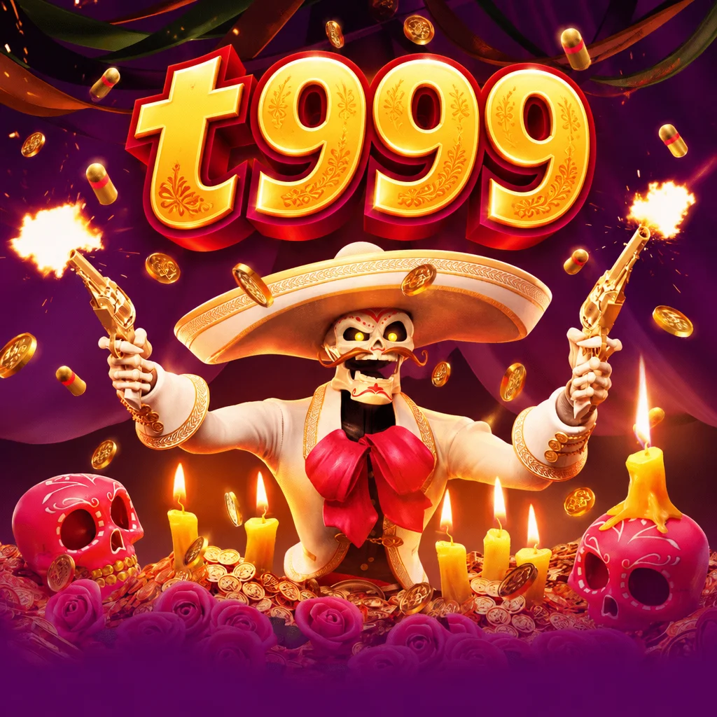 Logo t999 dengan karakter kerangka berpakaian mariachi memegang pistol dari game Wild Bandito